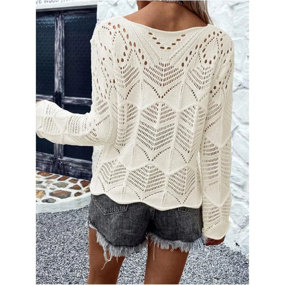 Women's Crochet Sweater Hollow Out Lightweight Crew Neck Long Sleeve Knit Top